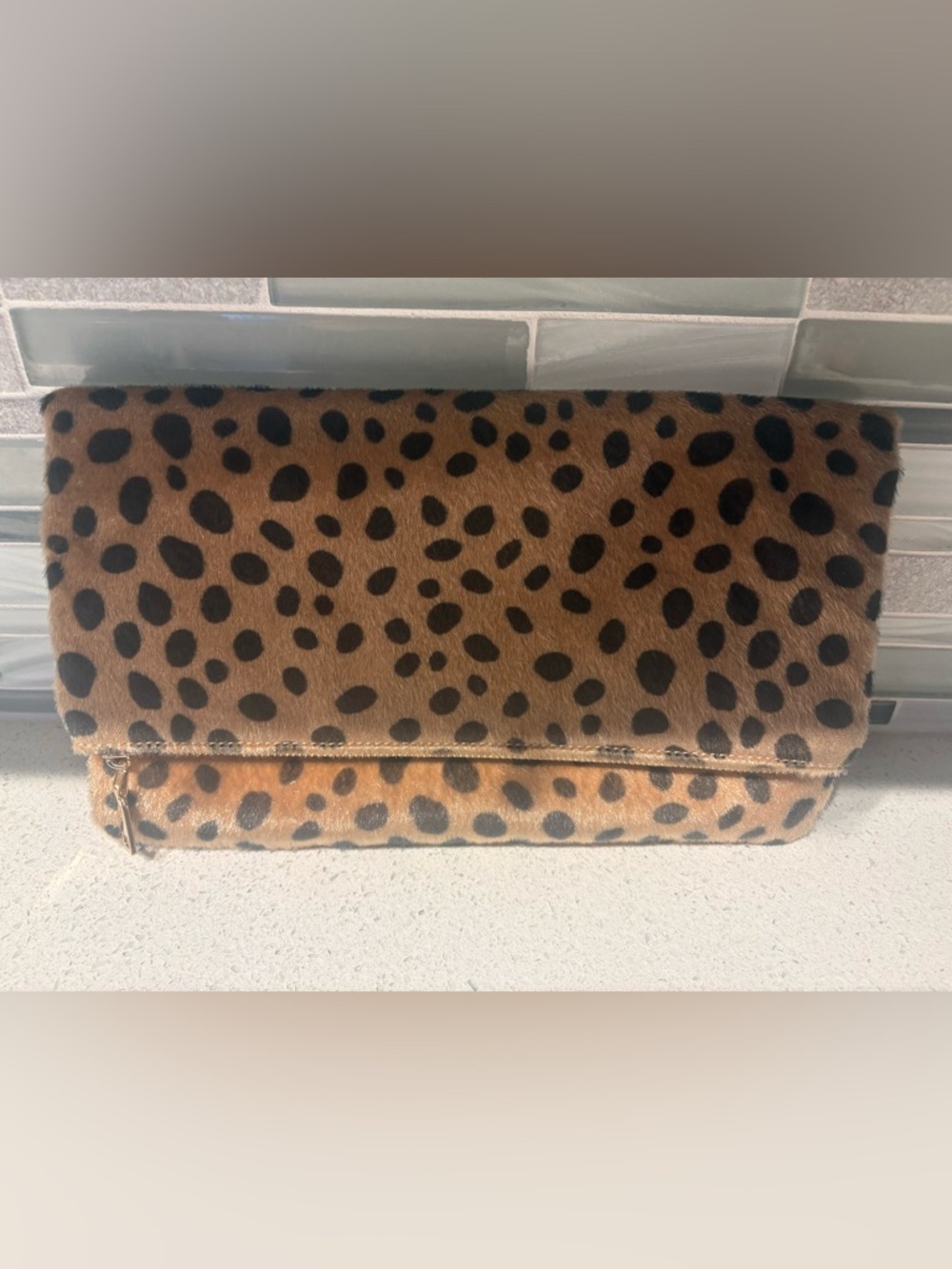 Leopard Print Faux-Hair Clutch Bag in Brown and Black